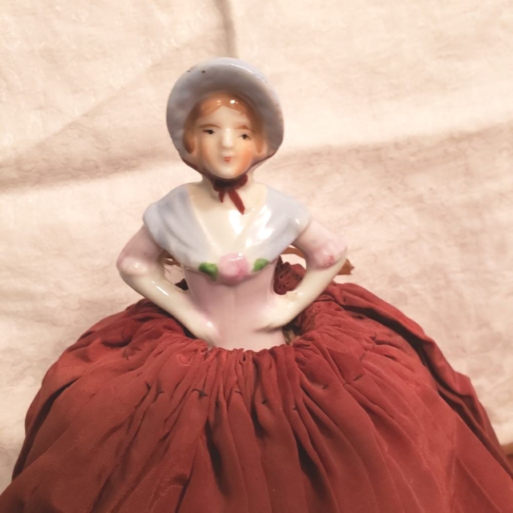 Antique Porcelain Half Doll Pincushion with Dark Red Silk Skirt